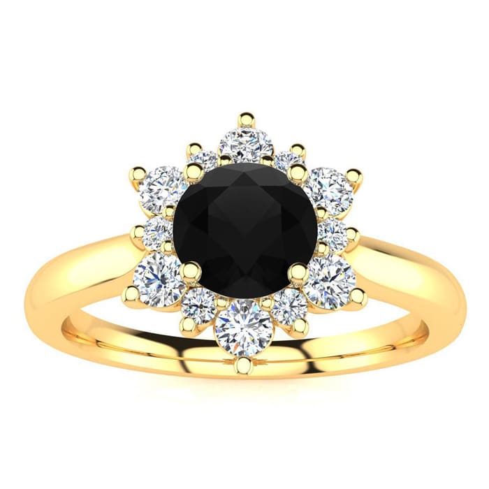 2 3/4 Carat Round Shape Flower Halo Black Diamond Engagement Ring In 14 Karat Yellow Gold