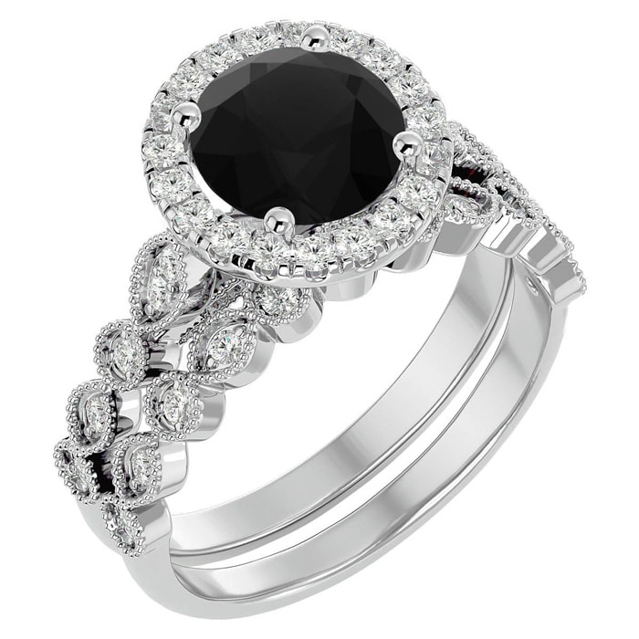 2 1/2 Carat Halo Black Diamond Bridal Set In 14 Karat White Gold