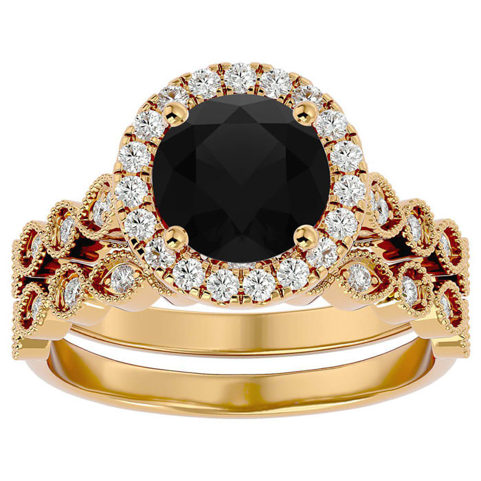 2 1/2 Carat Halo Black Diamond Bridal Set In 14 Karat Yellow Gold