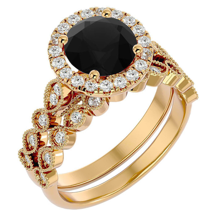 2 1/2 Carat Halo Black Diamond Bridal Set In 14 Karat Yellow Gold