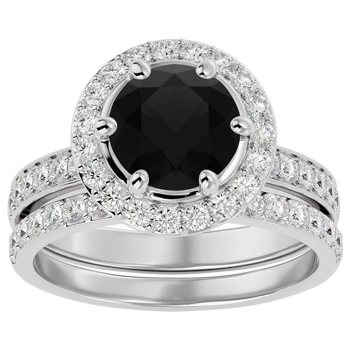 3 Carat Black Diamond Halo Bridal Set In 14 Karat White Gold With 2 Carat Center Black Diamond