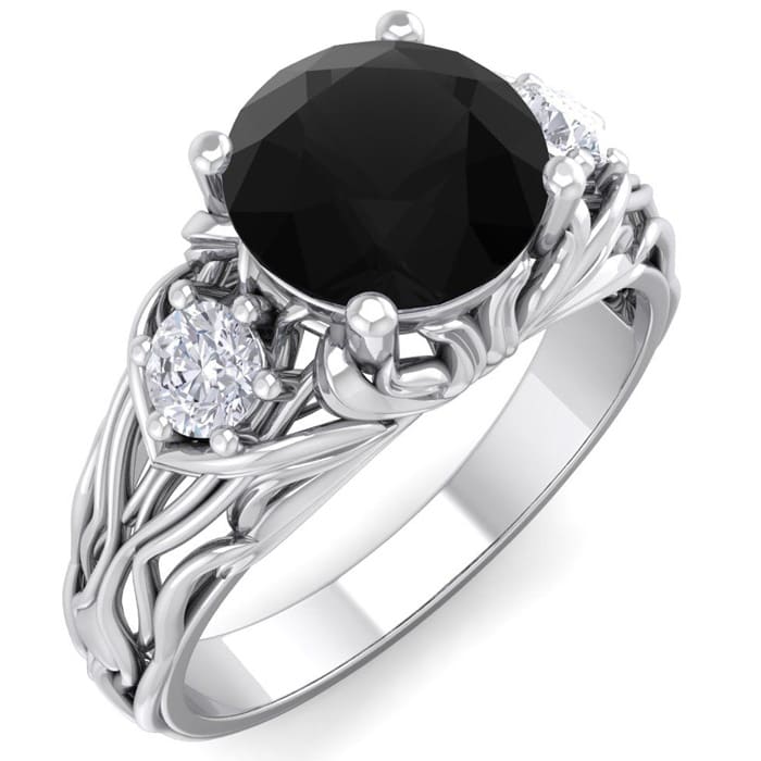 1 3/4 Carat Round Shape Black Diamond Intricate Vine Engagement Ring In 14 Karat White Gold