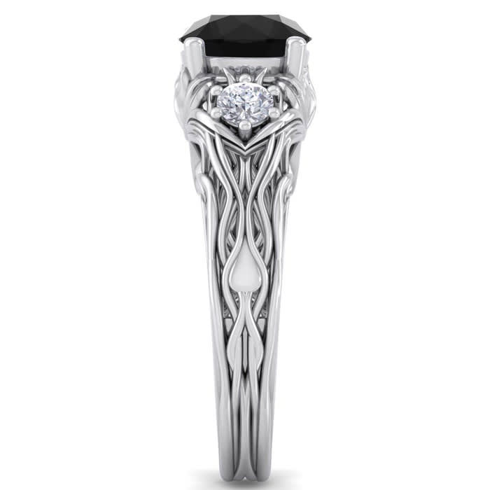 1 3/4 Carat Round Shape Black Diamond Intricate Vine Engagement Ring In 14 Karat White Gold