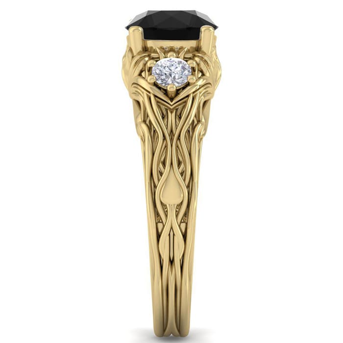 1 3/4 Carat Round Shape Black Diamond Intricate Vine Engagement Ring In 14 Karat Yellow Gold
