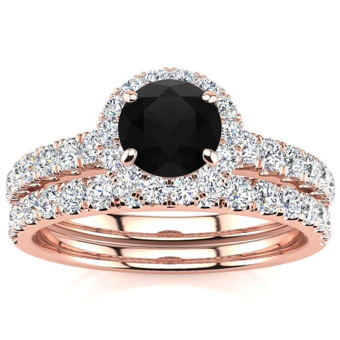 1 Carat Round Black Diamond Halo Bridal Set In 14 Karat Yellow Gold