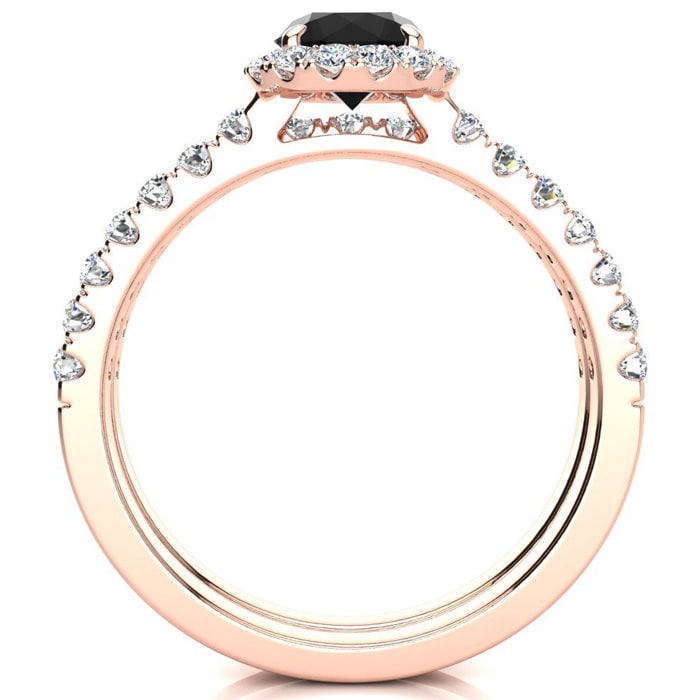 1 Carat Round Black Diamond Halo Bridal Set In 14 Karat Yellow Gold