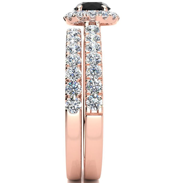 1 Carat Round Black Diamond Halo Bridal Set In 14 Karat Yellow Gold