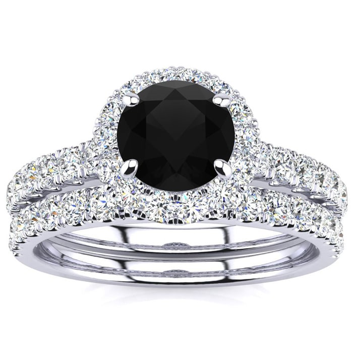 1 1/2 Carat Round Black Diamond Halo Bridal Set In 14 Karat White Gold