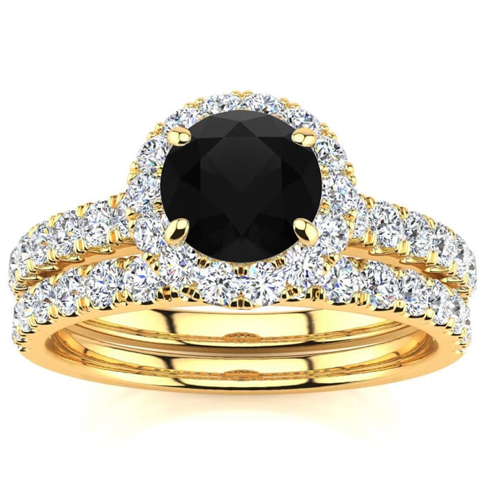 1 1/2 Carat Round Black Diamond Halo Bridal Set In 14 Karat Yellow Gold
