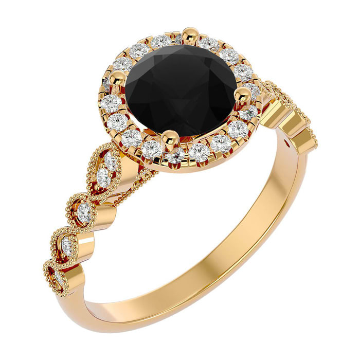 1 3/4 Carat Halo Black Diamond Engagement Ring In 14 Karat Yellow Gold