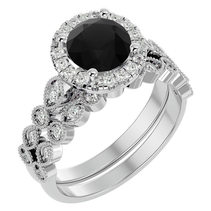 2 Carat Halo Black Diamond Bridal Set In 14 Karat White Gold
