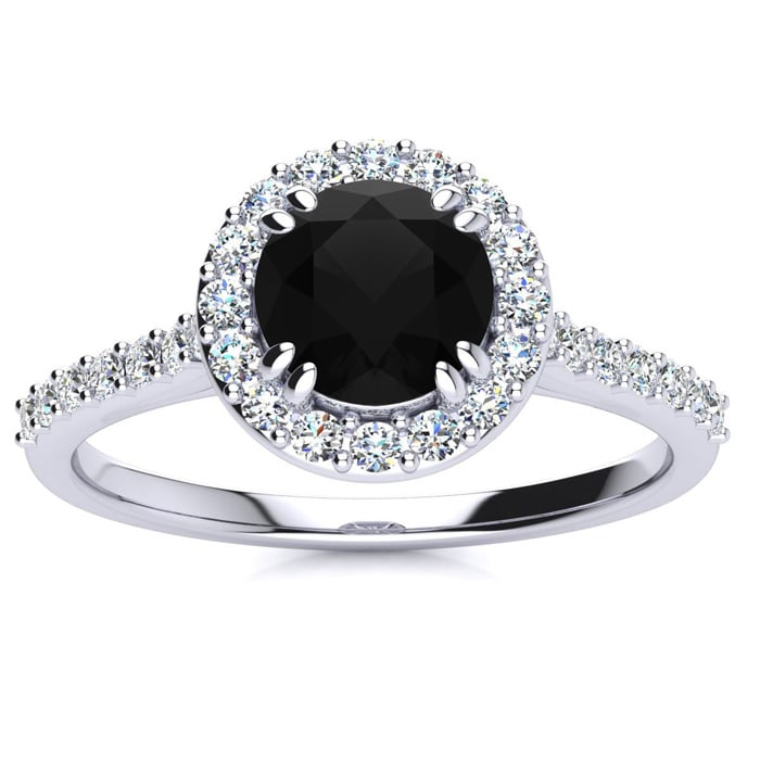1 Carat Round Shape Halo Black Diamond Engagement Ring In 14 Karat White Gold