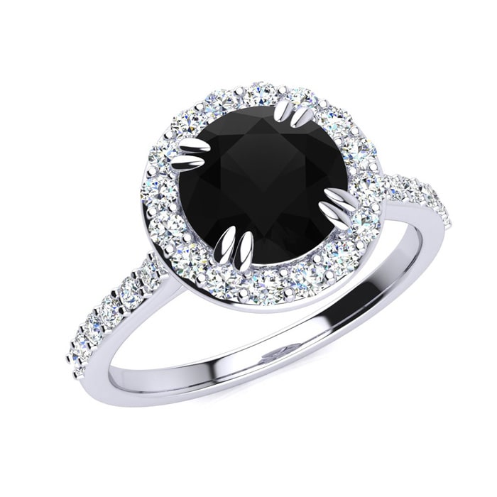 2 Carat Round Shape Halo Black Diamond Engagement Ring In 14 Karat White Gold