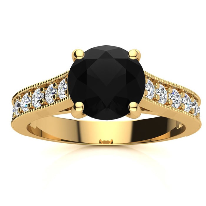 2 Carat Round Shape Black Diamond Engagement Ring In 14 Karat Yellow Gold