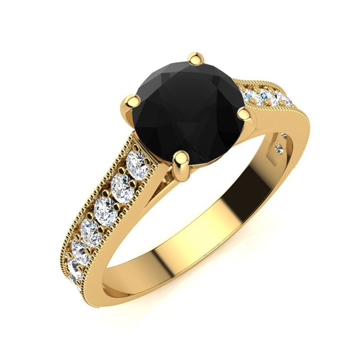 2 Carat Round Shape Black Diamond Engagement Ring In 14 Karat Yellow Gold