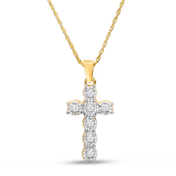 1/10 Carat Diamond Cross Necklace In Yellow Gold Over Sterling Silver, 17 Inches