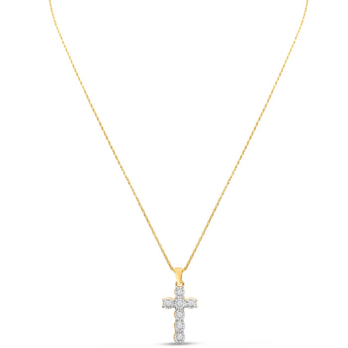 1/10 Carat Diamond Cross Necklace In Yellow Gold Over Sterling Silver, 17 Inches