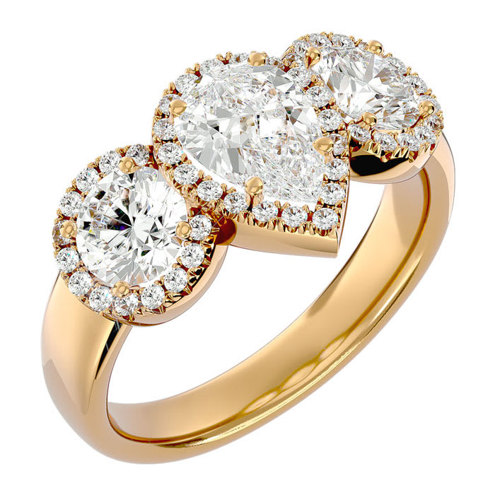 2 1/2 Carat Pear Shape Halo Lab Grown Diamond Three Stone Ring In 14 Karat Yellow Gold