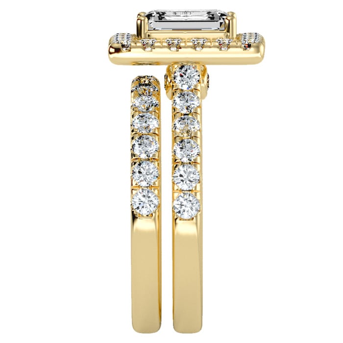 3 Carat Emerald Cut Halo Lab Grown Diamond Bridal Set In 14 Karat Yellow Gold