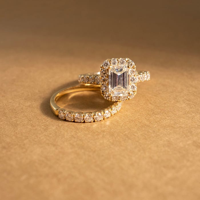 3 Carat Emerald Cut Halo Lab Grown Diamond Bridal Set In 14 Karat Yellow Gold