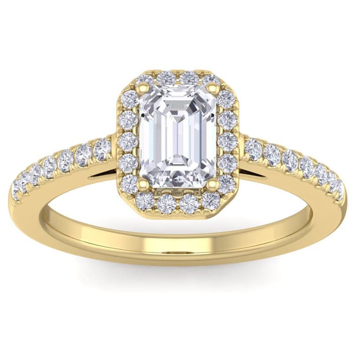 1 1/2 Carat Emerald Cut Halo Lab Grown Diamond Engagement Ring In 14K Yellow Gold