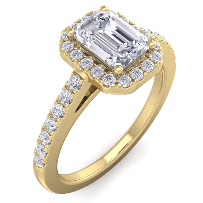 1 1/2 Carat Emerald Cut Halo Lab Grown Diamond Engagement Ring In 14K Yellow Gold