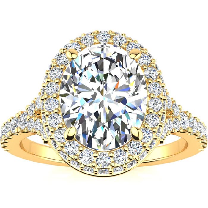 2 Carat Oval Shape Halo Lab Grown Diamond Engagement Ring With 1 1/2 Carat Center Lab Grown Diamond In 14K Yellow Gold
