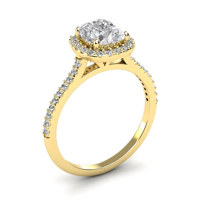 1 1/2 Carat Cushion Cut Halo Lab Grown Diamond Ring In 14K Yellow Gold