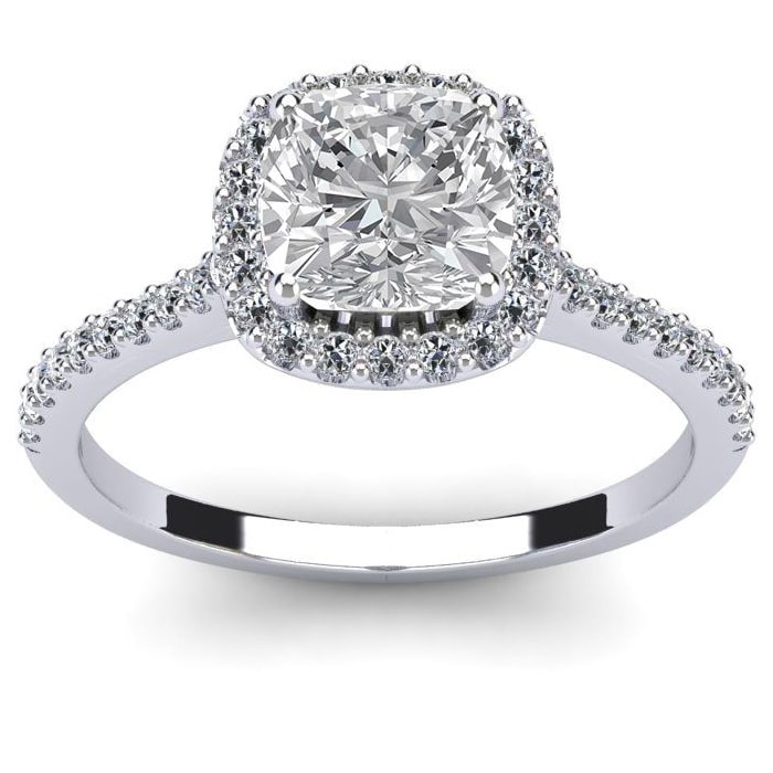 1 1/2 Carat Cushion Cut Halo Lab Grown Diamond Ring In 14K White Gold