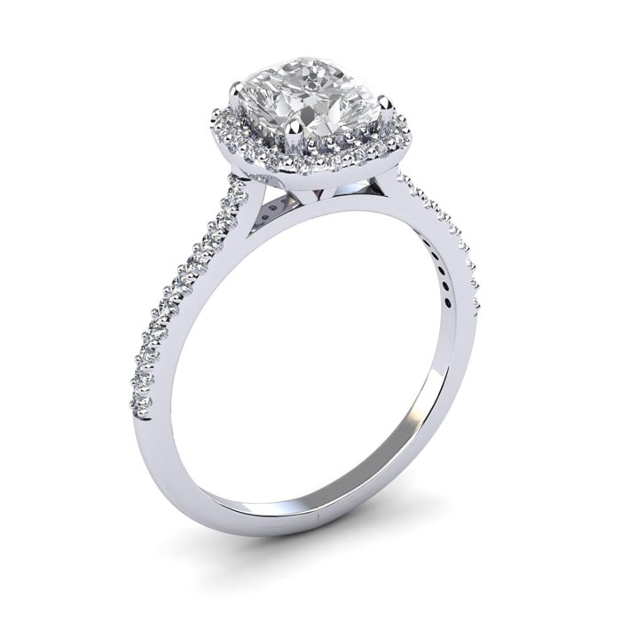 1 1/2 Carat Cushion Cut Halo Lab Grown Diamond Ring In 14K White Gold