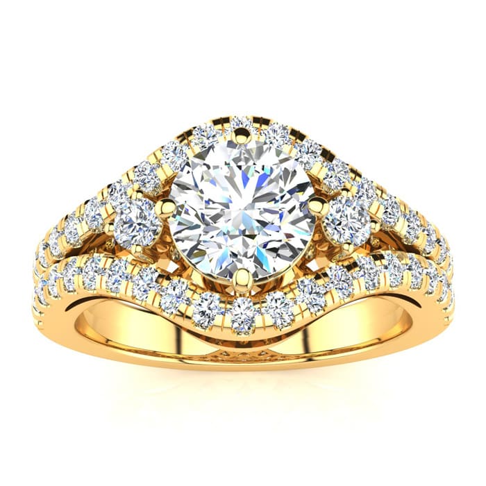 14K Yellow Gold 2 Carat Fancy Lab Grown Diamond Engagement Ring, With 1.25 Carat Center