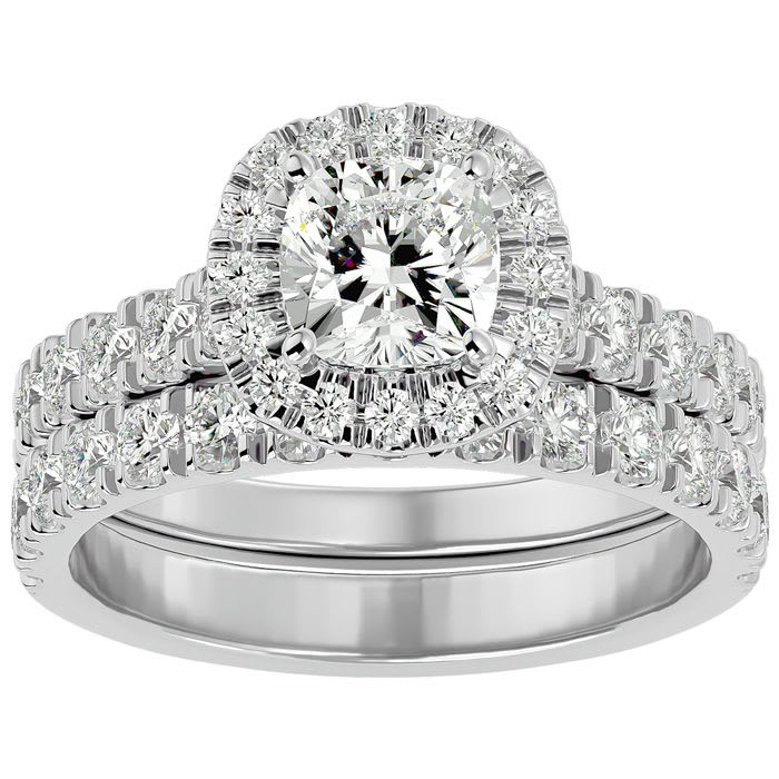 2 1/4 Carat Cushion Cut Halo Lab Grown Diamond Bridal Set In 14 Karat White Gold