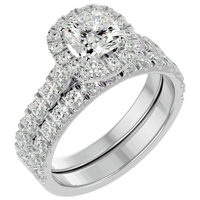2 1/4 Carat Cushion Cut Halo Lab Grown Diamond Bridal Set In 14 Karat White Gold
