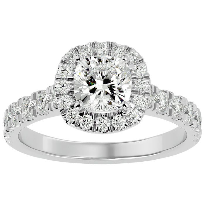 2 Carat Cushion Cut Halo Lab Grown Diamond Engagement Ring In 14 Karat White Gold