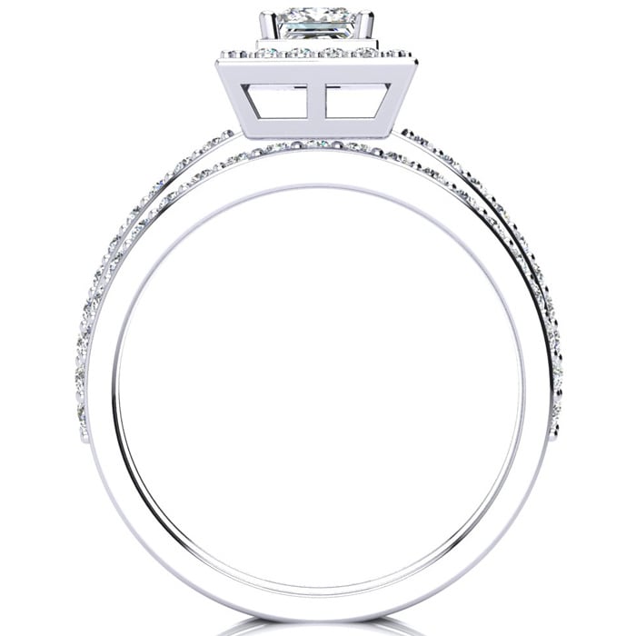 1 Carat Princess Cut Pave Halo Lab Grown Diamond Bridal Set in 14k White Gold
