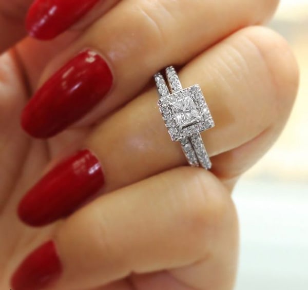 1 Carat Princess Cut Pave Halo Lab Grown Diamond Bridal Set in 14k White Gold
