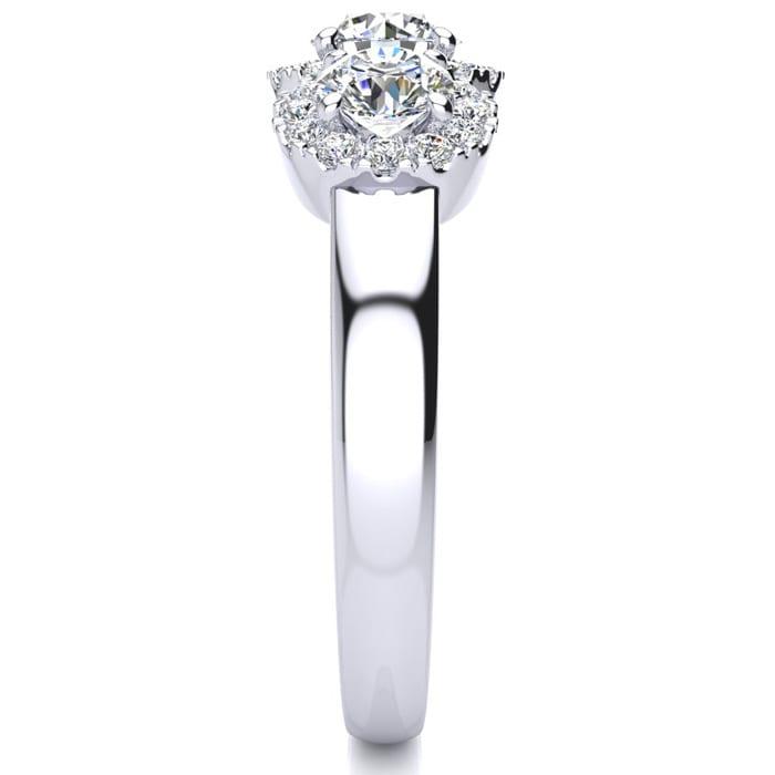 1 Carat Round Shape Halo Lab Grown Diamond Three Stone Ring In 14K White Gold