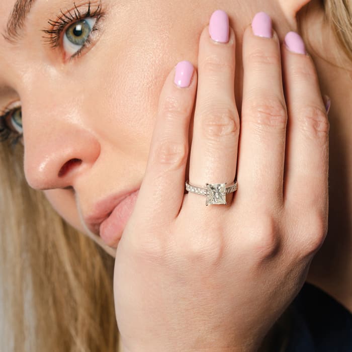 1 1/3 Carat Traditional Lab Grown Diamond Engagement Ring with 1 Carat Center Princess Cut Solitaire In 14 Karat White Gold 