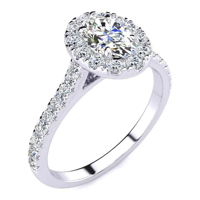 1 1/2 Carat Oval Shape Halo Lab Grown Diamond Engagement Ring in 14k White Gold