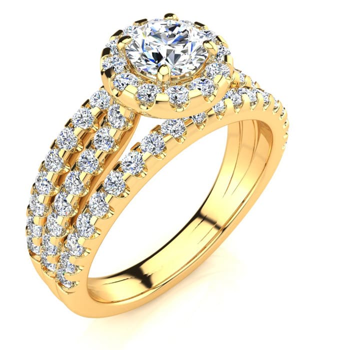 1 1/2 Carat Round Halo Lab Grown Diamond Engagement Ring in 14 Karat Yellow Gold