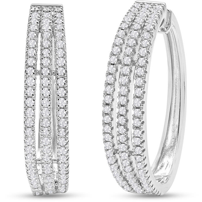 1 Carat Triple Row Diamond Hoop Earrings In Sterling Silver, 1 Inch