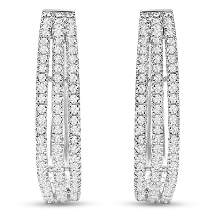 1 Carat Triple Row Diamond Hoop Earrings In Sterling Silver, 1 Inch