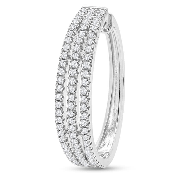 1 Carat Triple Row Diamond Hoop Earrings In Sterling Silver, 1 Inch