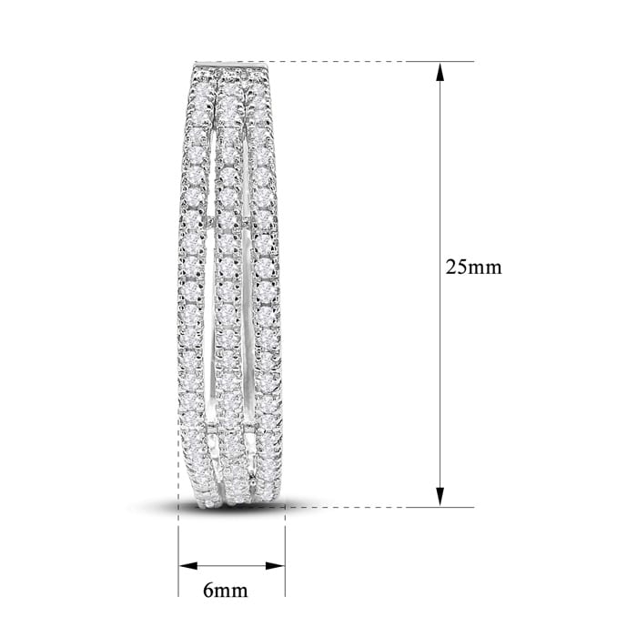 1 Carat Triple Row Diamond Hoop Earrings In Sterling Silver, 1 Inch