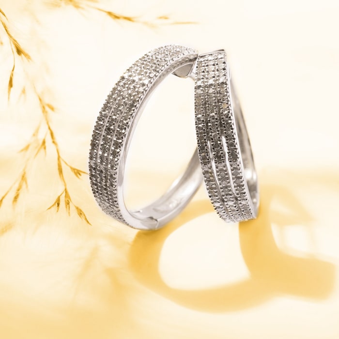 1 Carat Triple Row Diamond Hoop Earrings In Sterling Silver, 1 Inch