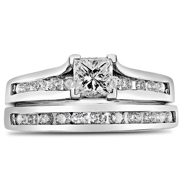 Estate Jewelry 1 Carat Princess Shape Diamond Bridal Set In 14 Karat White Gold, Size 10