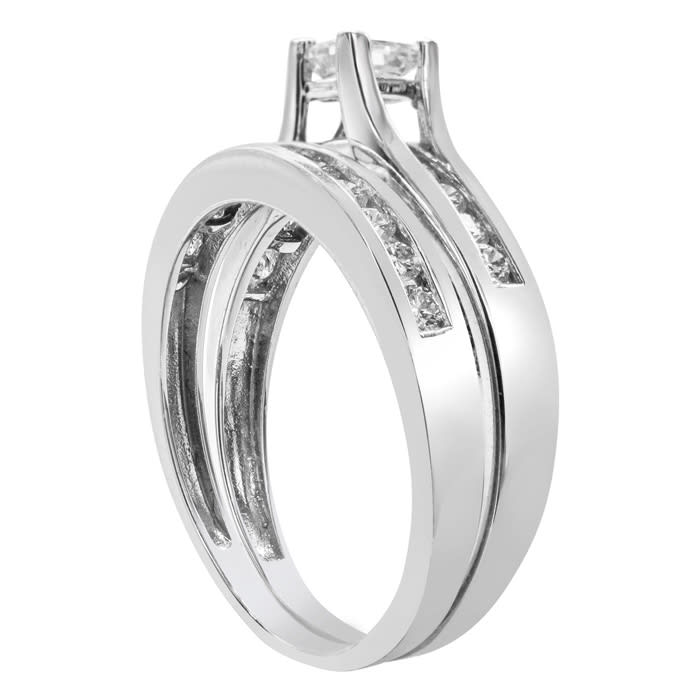 Estate Jewelry 1 Carat Princess Shape Diamond Bridal Set In 14 Karat White Gold, Size 10