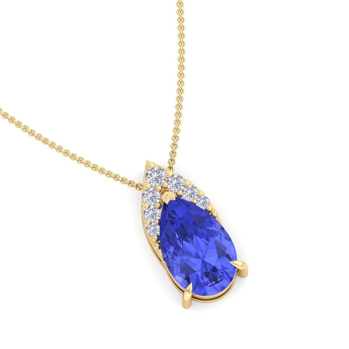 7/8 Carat Pear Shape Tanzanite and Diamond Necklace In 14 Karat Yellow Gold, 18 Inches