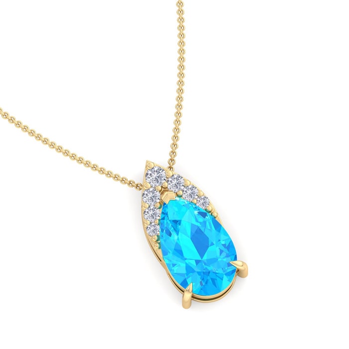 7/8 Carat Pear Shape Blue Topaz and Diamond Necklace In 14 Karat Yellow Gold, 18 Inches
