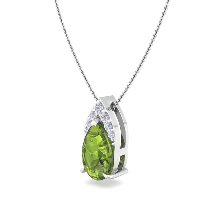 7/8 Carat Pear Shape Peridot and Diamond Necklace In 14 Karat White Gold, 18 Inches